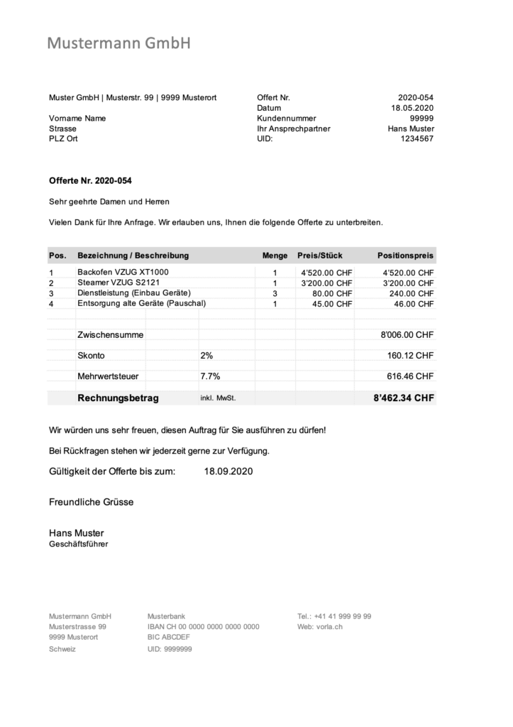 Offerten Vorlage Excel (Schweiz)