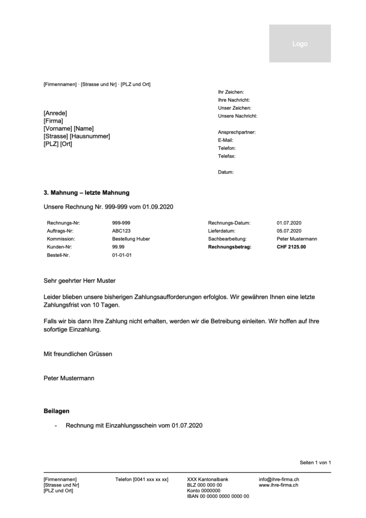 3. Mahnung Vorlage (Schweiz) im Word-Format.