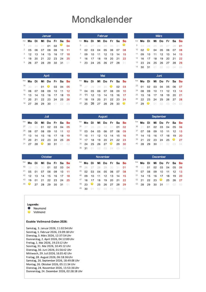 Mondkalender 2026 zum Ausdrucken