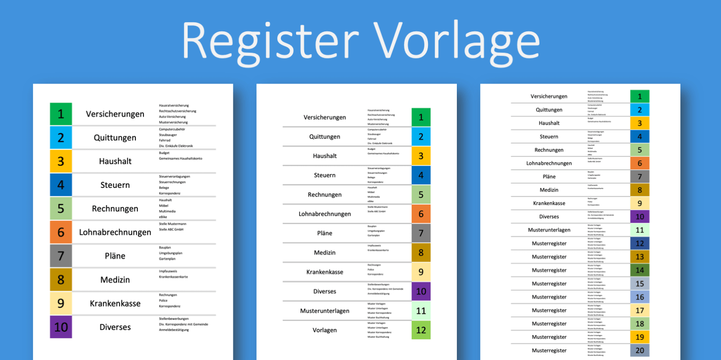 Register Vorlagen Excel Header