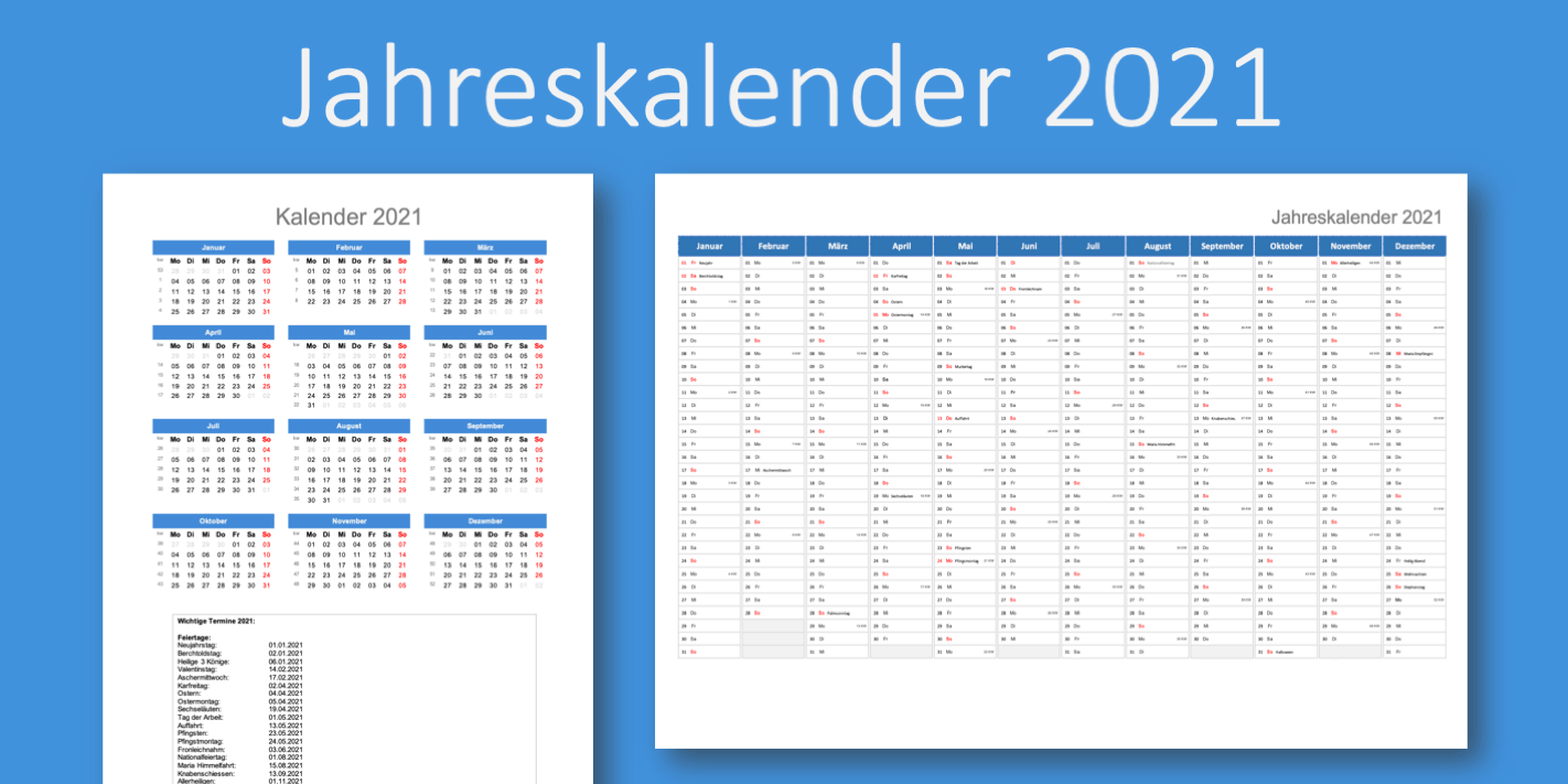 Jahreskalender 2021 / Kalender 2021 Zum Ausdrucken ...