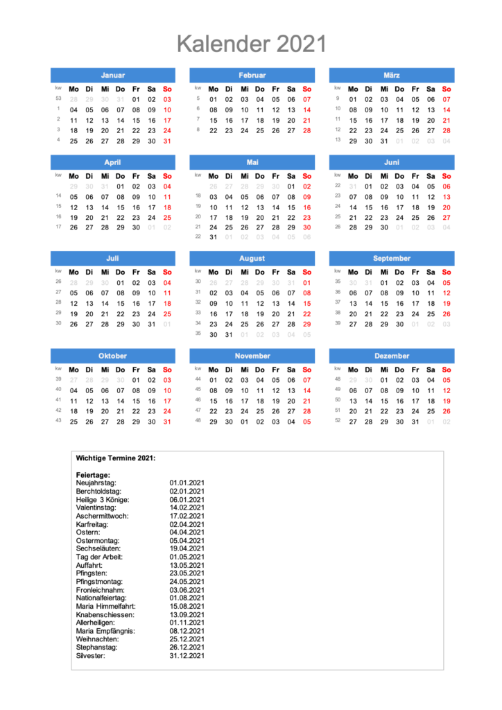 Jahreskalender 2021 Zum Ausdrucken Mit Ch Feiertagen Vorla Ch