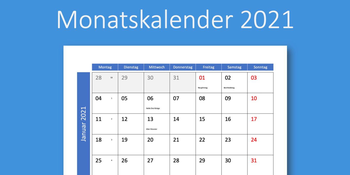 Monatskalender 2021 mit Kalenderwochen und CH-Feiertagen | Vorla.ch