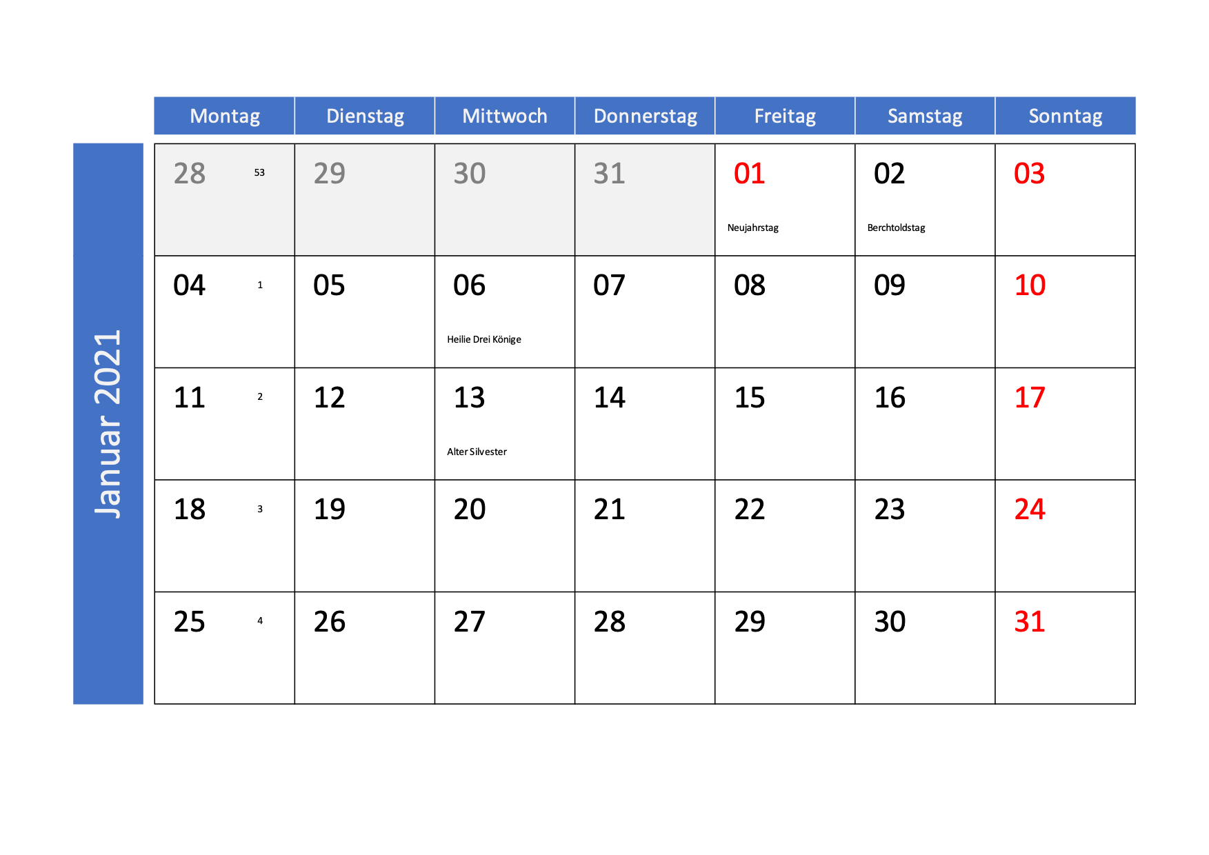 Monatskalender 2021 Mit Kalenderwochen Und Ch Feiertagen Vorla Ch
