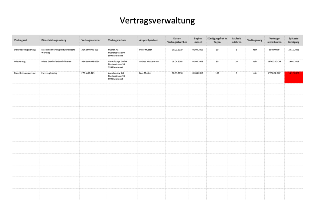 Vertragsverwaltung Excel-Vorlage