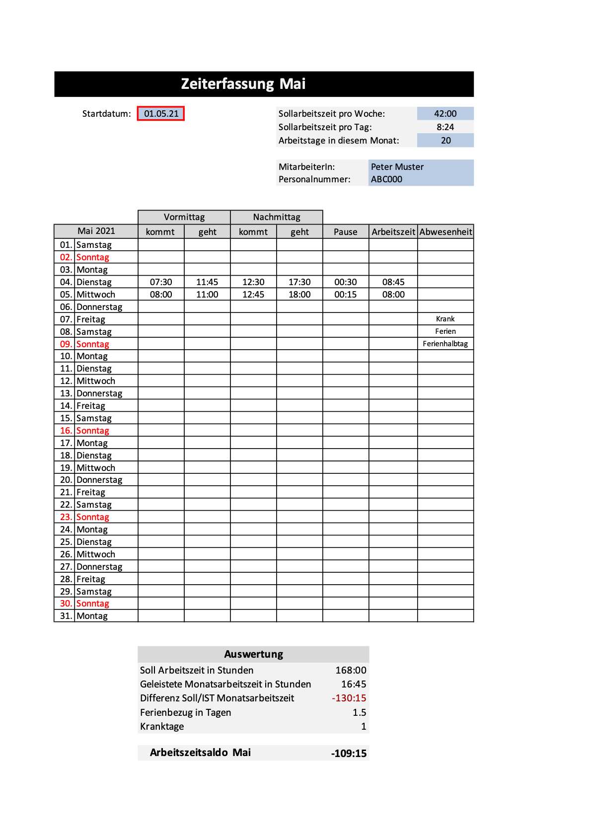 Arbeitszeiterfassung Vorlage Excel Schweiz