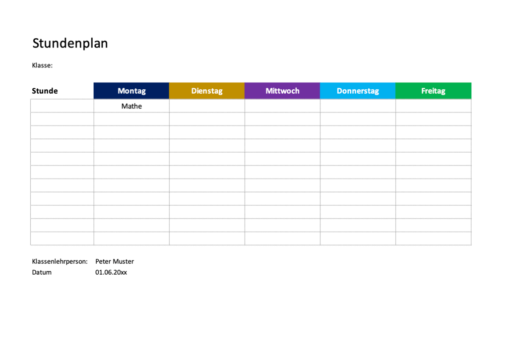 Stundenplan Vorlage zum Ausdrucken - kostenlose Vorlage