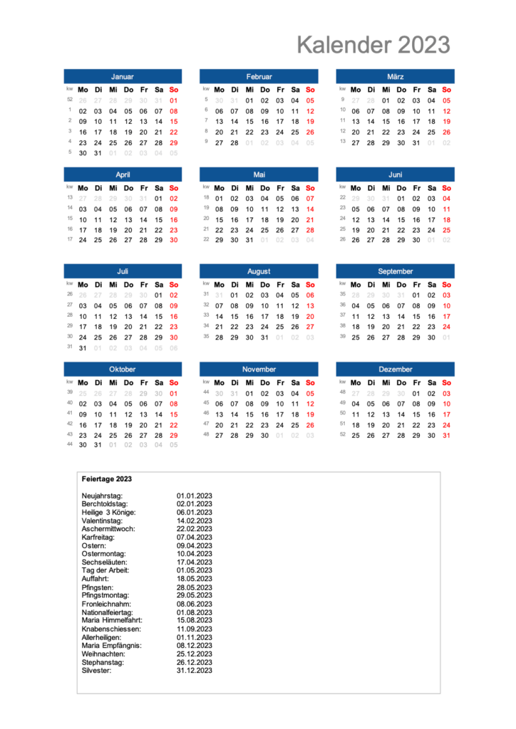 Kalender 2023 Schweiz mit Feiertagen und Kalenderwochen Hochformat