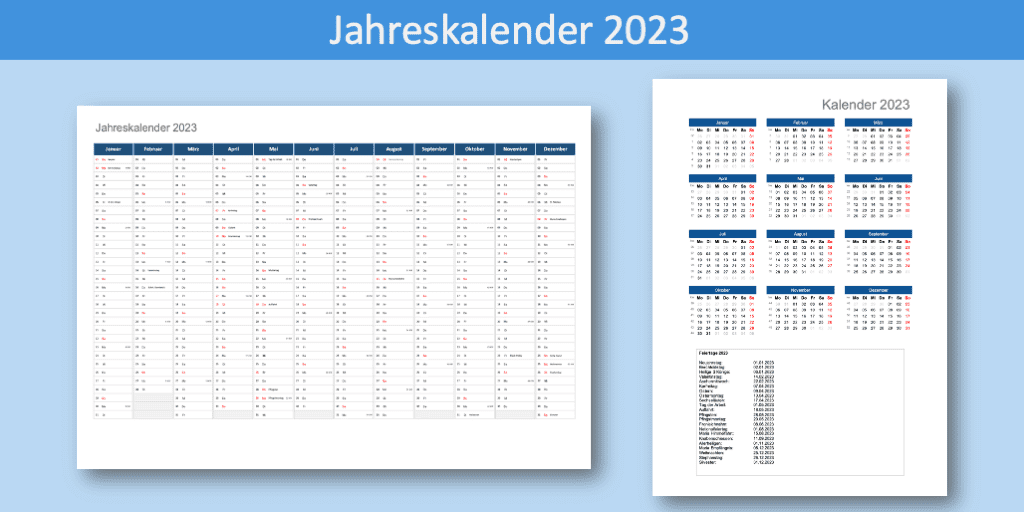 Jahreskalender 2023 Schweiz zum Ausdrucken Excel und PDF