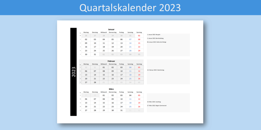 Quartalskalender 2023 Schweiz zum Ausdrucken mit Schweizer Feiertagen Excel und PDF