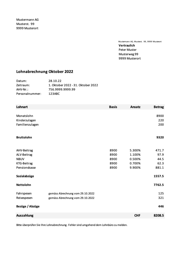 Lohnabrechnung Vorlage (Schweiz) Im Excel & Word-Format