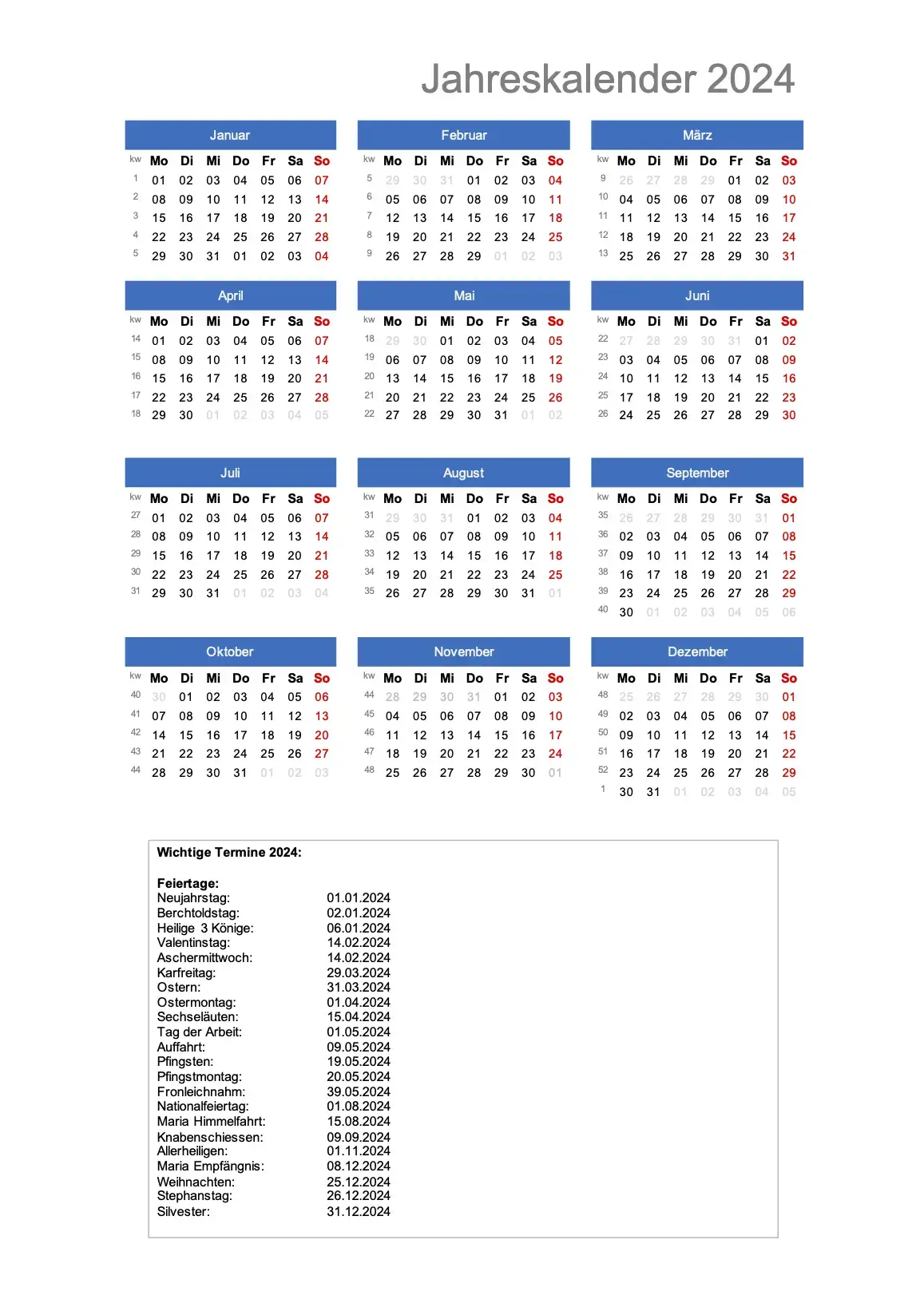 Kalender 2024 Schweiz mit Feiertagen und Kalenderwochen im Hochformat