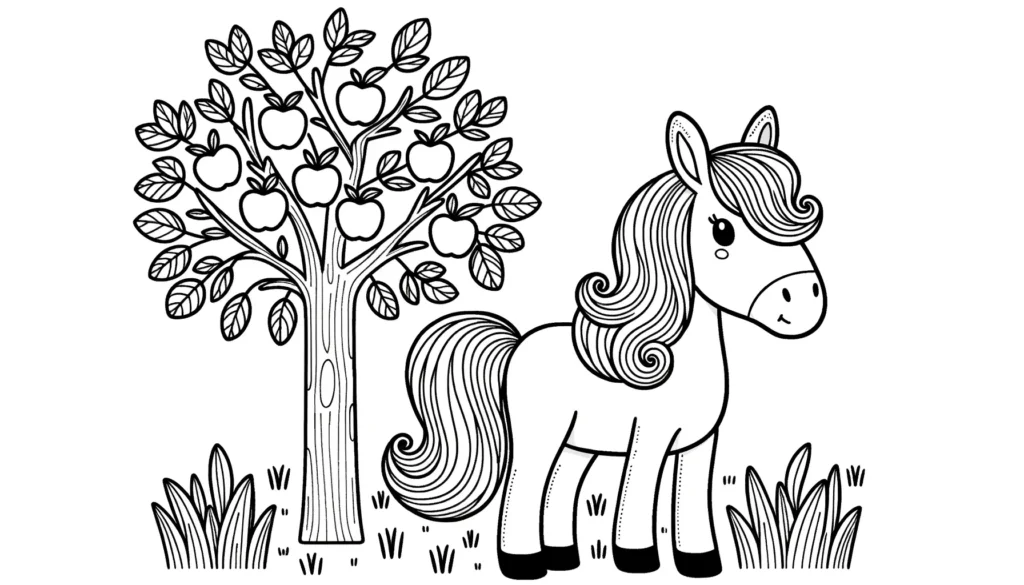 Ausmalbild Pferd und Baum