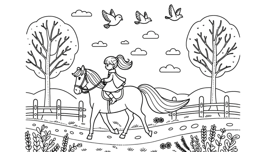 Malvorlage Pferd mit Reiterin Mädchen