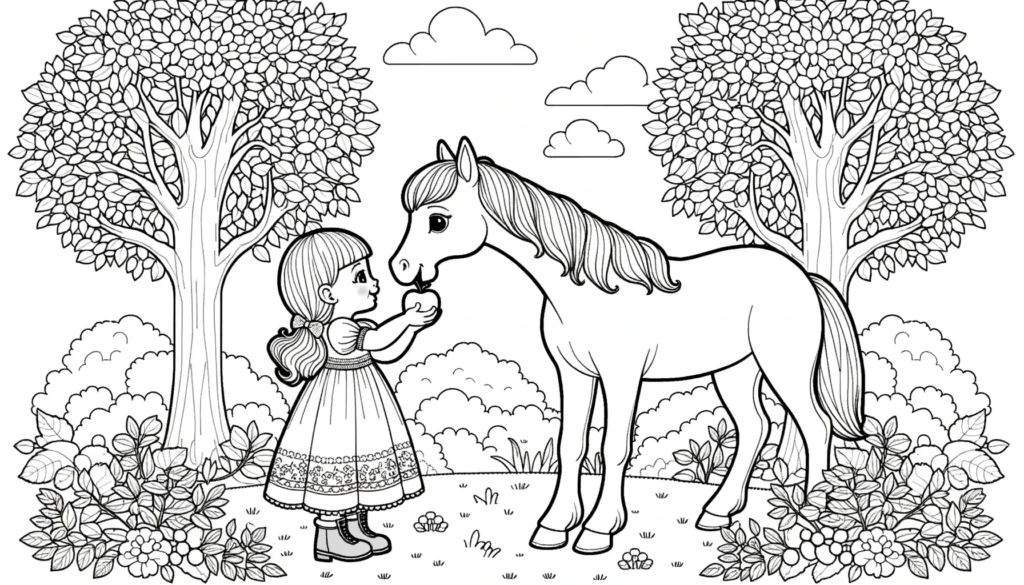 Mädchen füttert Pferd Ausmalbild
