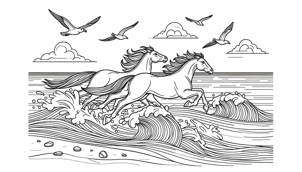 Pferde und Wellen Ausmalbild
