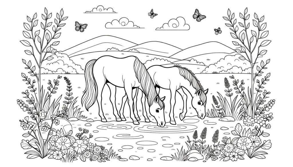 Pferde trinken Wasser Ausmalbild