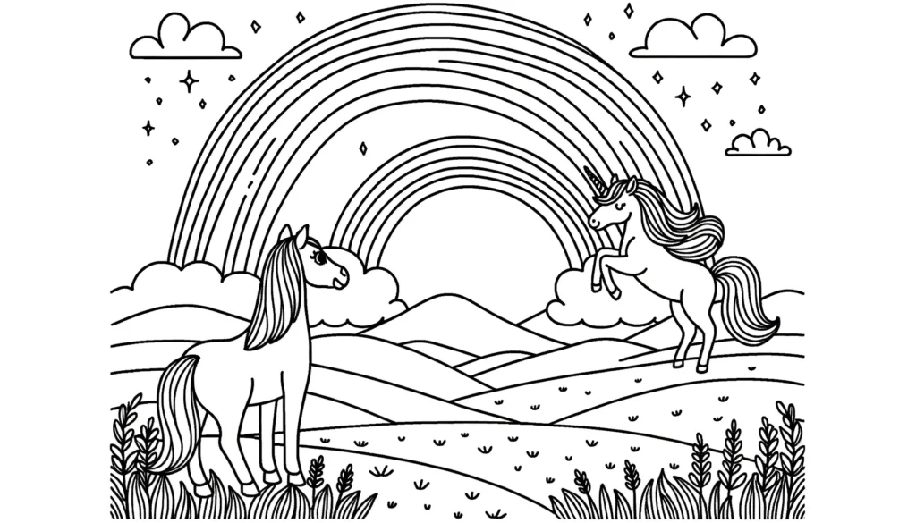 Pferd, Einhorn und Regenbogen Ausmalbild