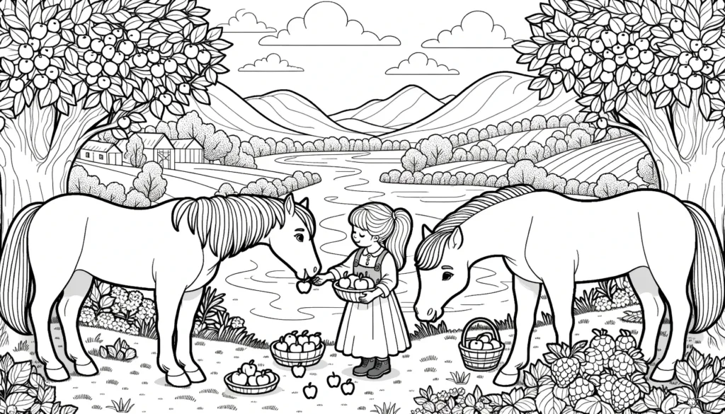 Mädchen füttert Pferde Malvorlage