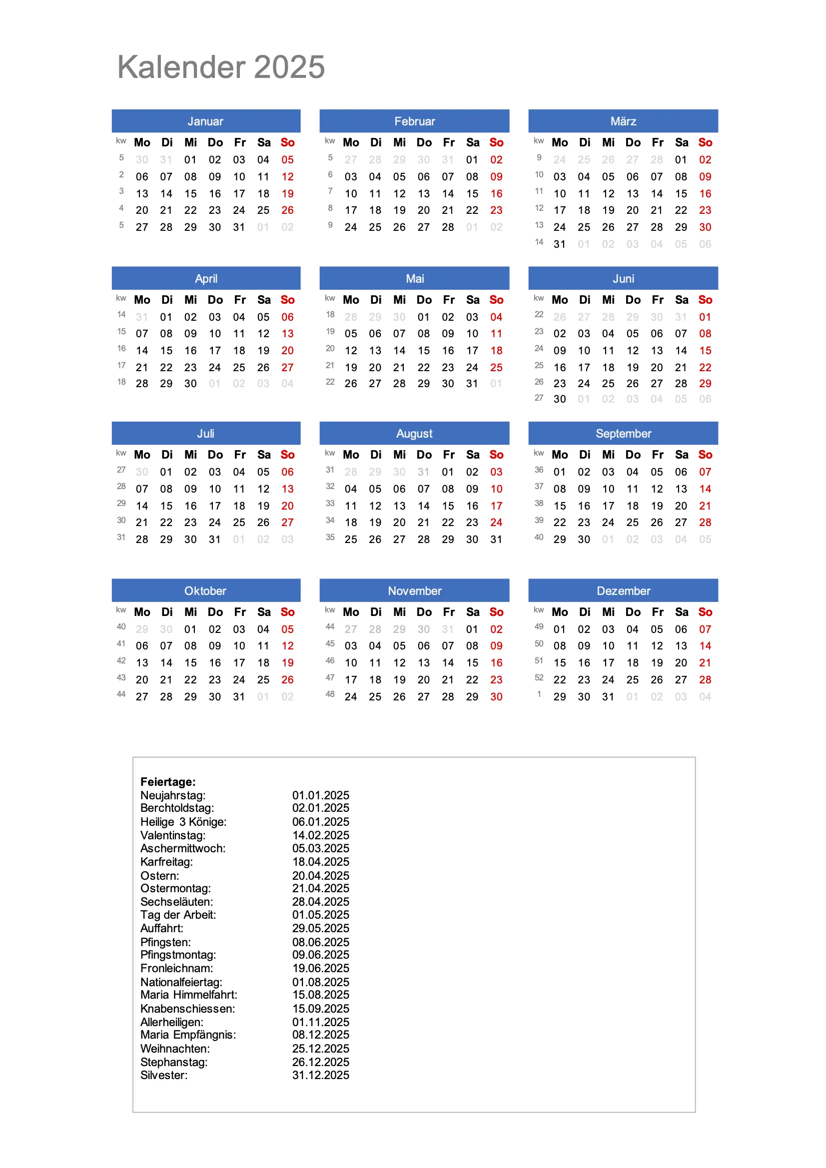 Jahreskalender 2025 (Schweiz) Schweiz mit Feiertagen und Kalenderwochen zum Ausdrucken