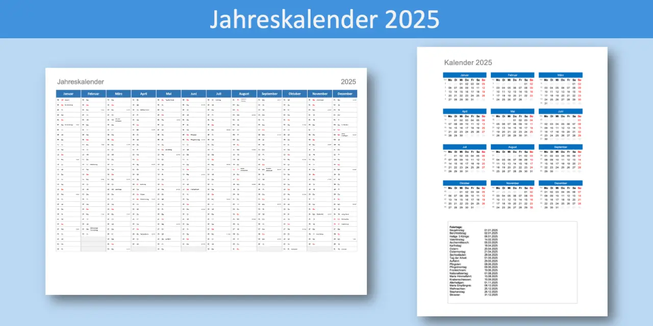 Jahreskalender 2025 Schweiz Excel und PDF