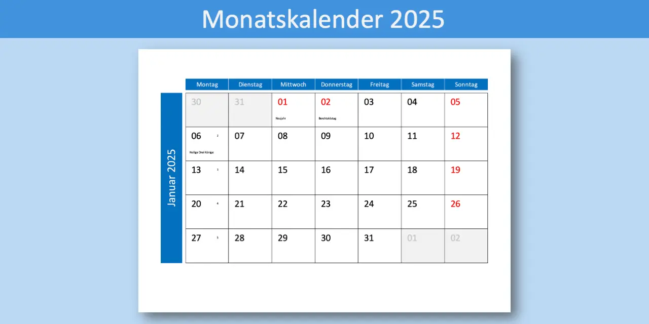 Monatskalender 2025 Schweiz im Excel & PDF-Format