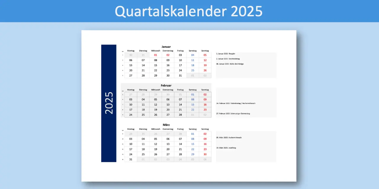 Quartalskalender 2025 Schweiz (Excel & PDF)