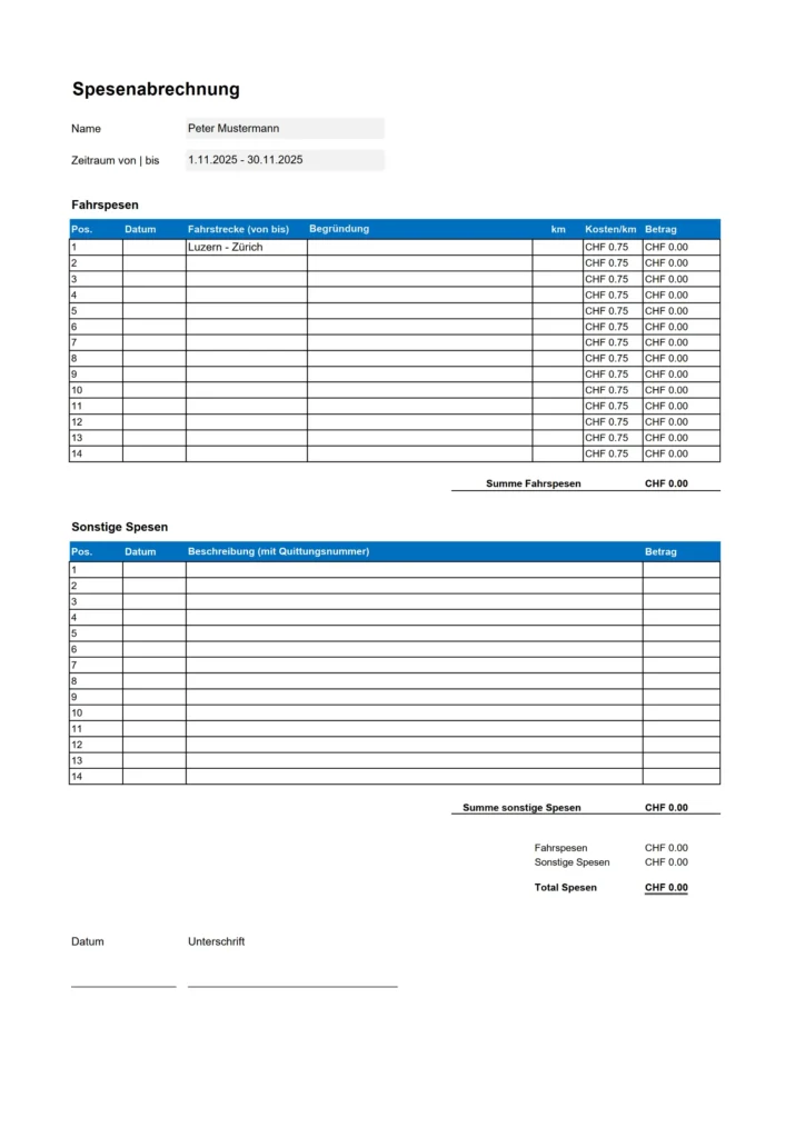 Klassische Spesenabrechnung Vorlage für Excel
