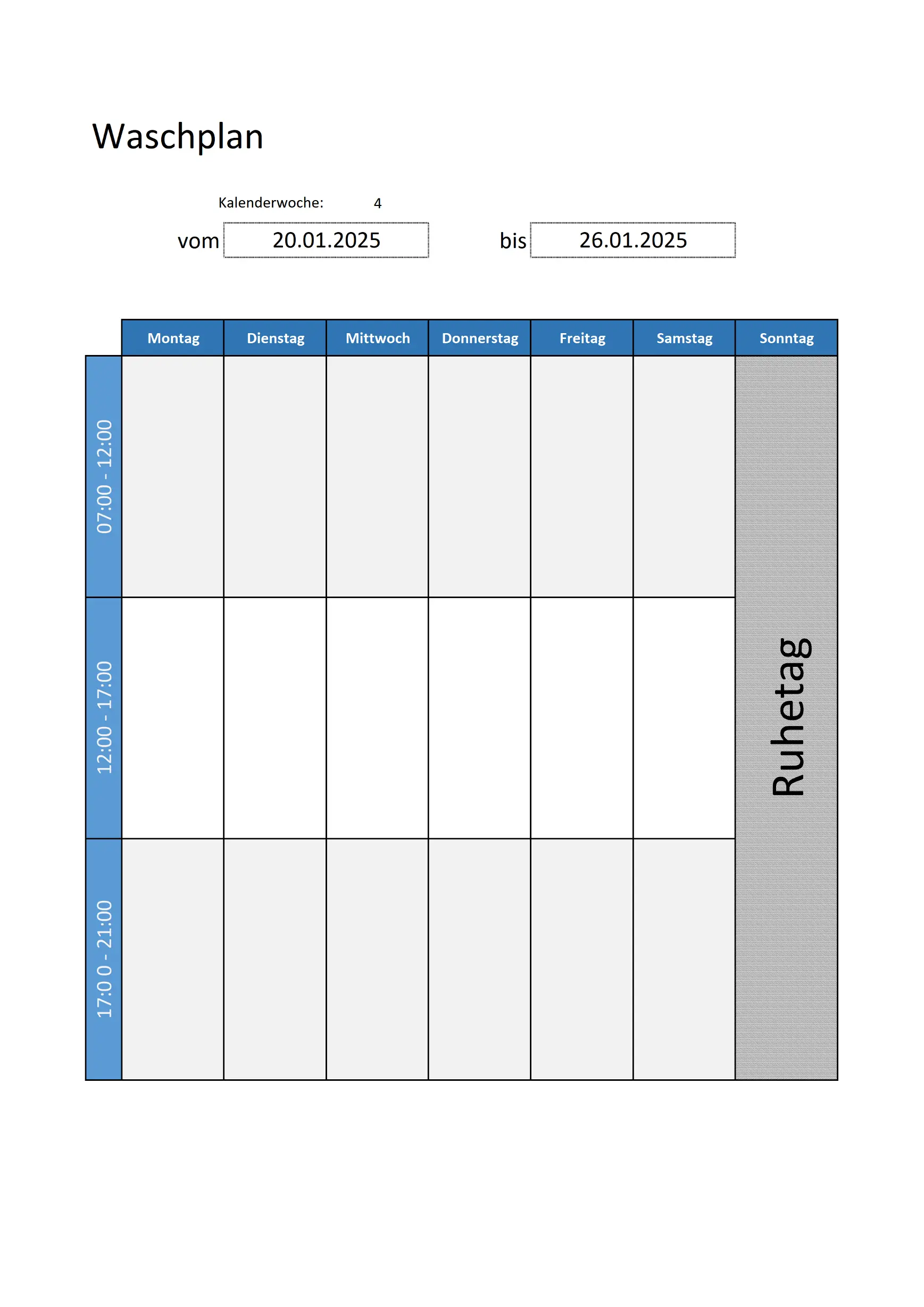 Waschplan Kalender Vorlage für Excel