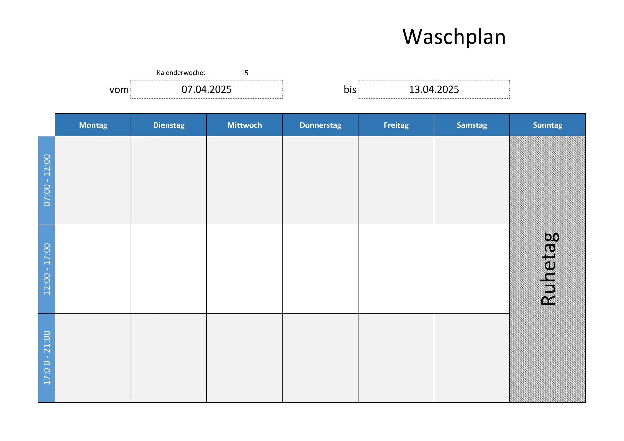 Waschplan Kalender für Excel