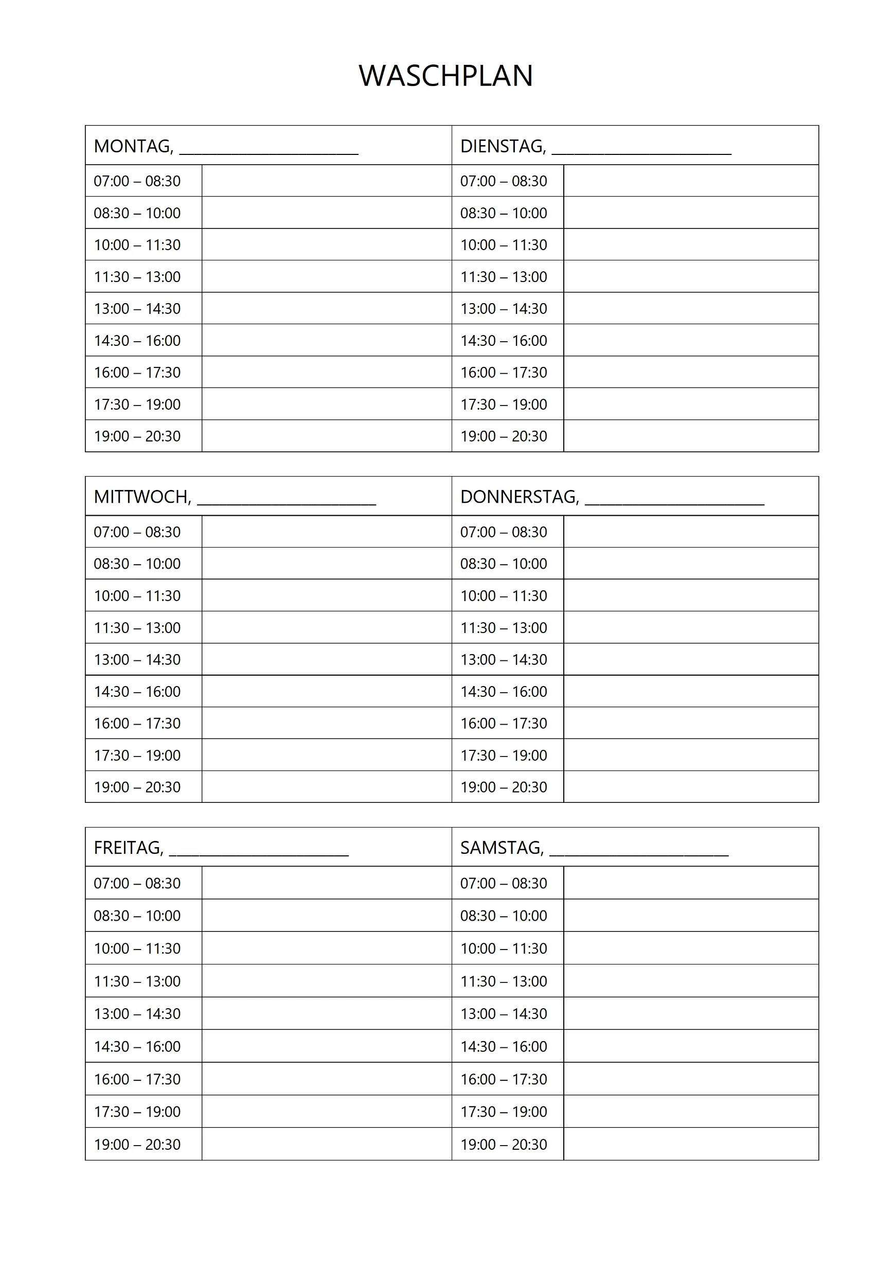 Waschplan Vorlage zum Ausdrucken Hochformat