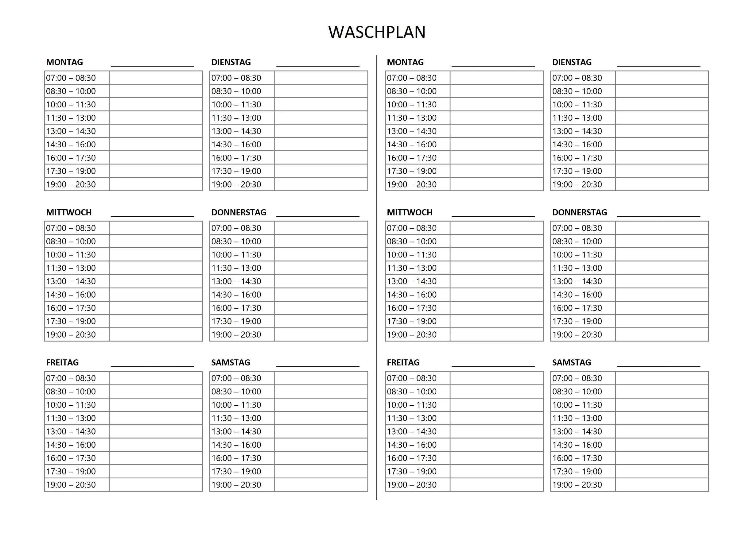 Waschplan Vorlage zum Ausdrucken Querformat