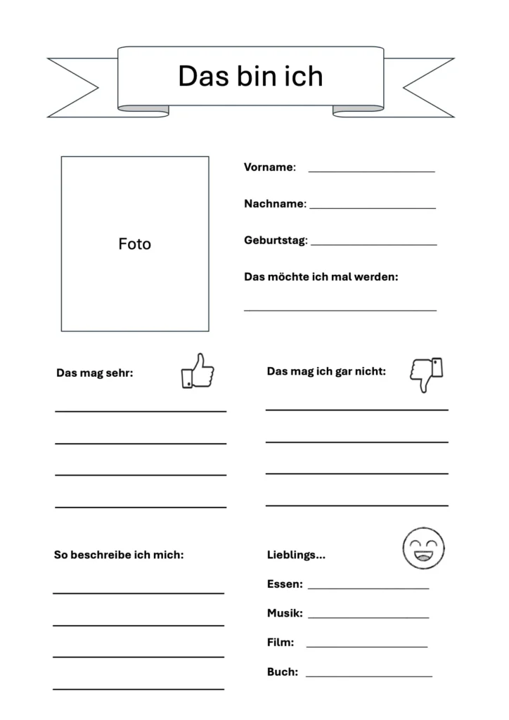 "Das bin ich" Steckbrief Vorlage Word und PDF