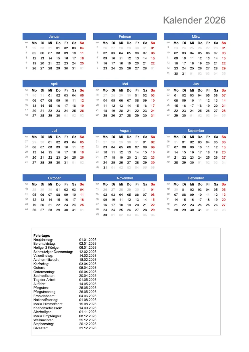 Kalender 2026 mit Feiertagen Schweiz für Excel und PDF zum Ausdrucken