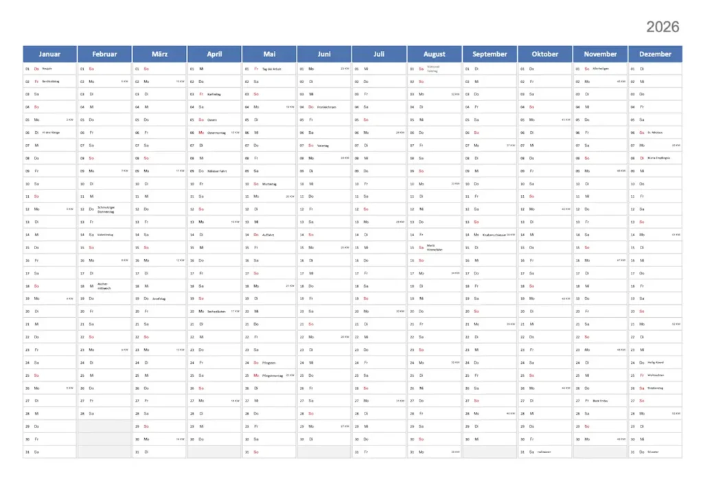 Jahreskalender 2026 Schweiz
