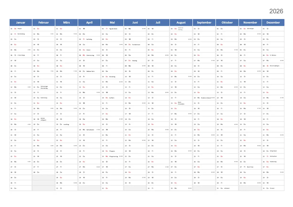 Jahreskalender 2026 mit Feiertagen Schweiz Excel und PDF zum Ausdrucken