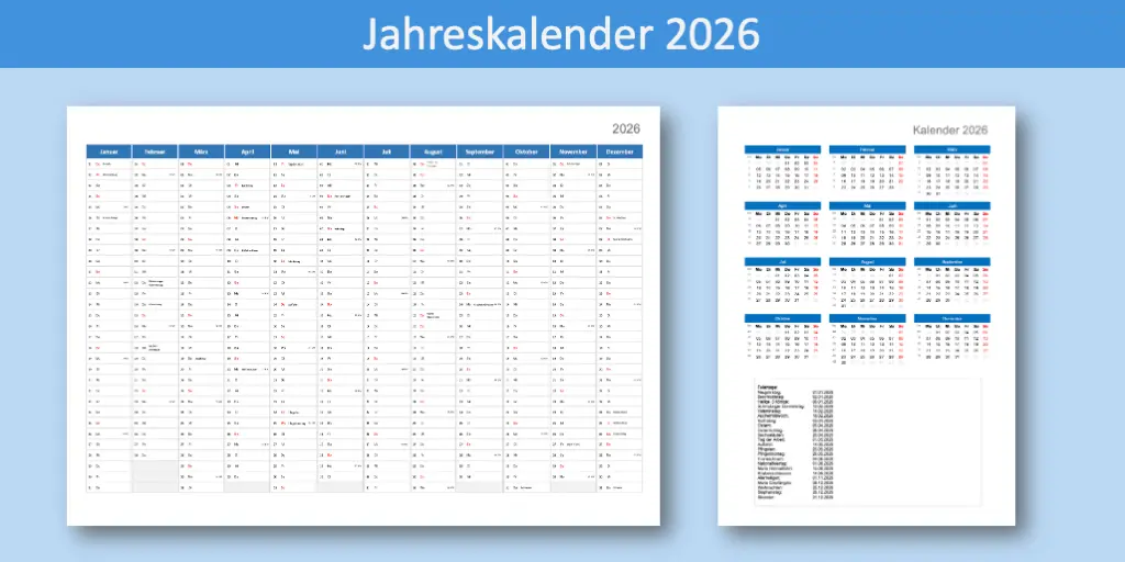 Jahreskalender 2026 Excel und PDF zum Ausdrucken