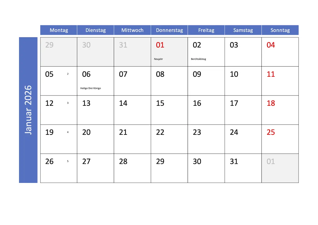 Monatskalender 2026 Schweiz zum Ausdrucken (Excel & PDF)