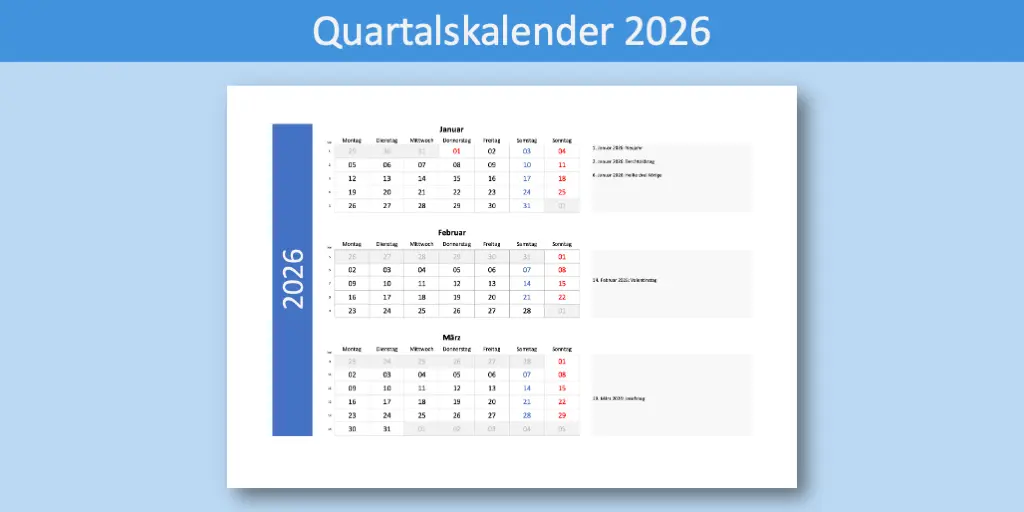 Quartalskalender 2026 Schweiz Excel und PDF-Format