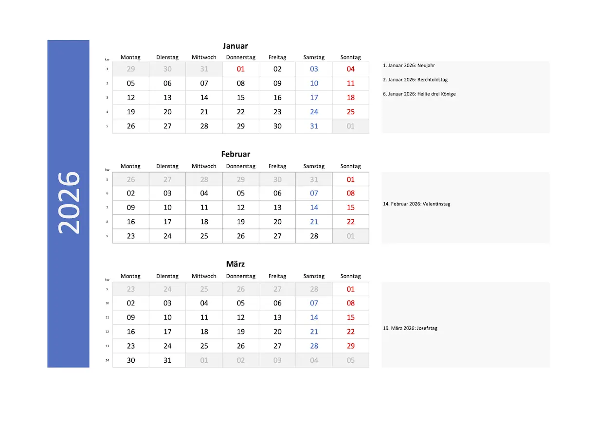 Quartalskalender 2026 Schweiz für Excel und PDF zum Ausdrucken