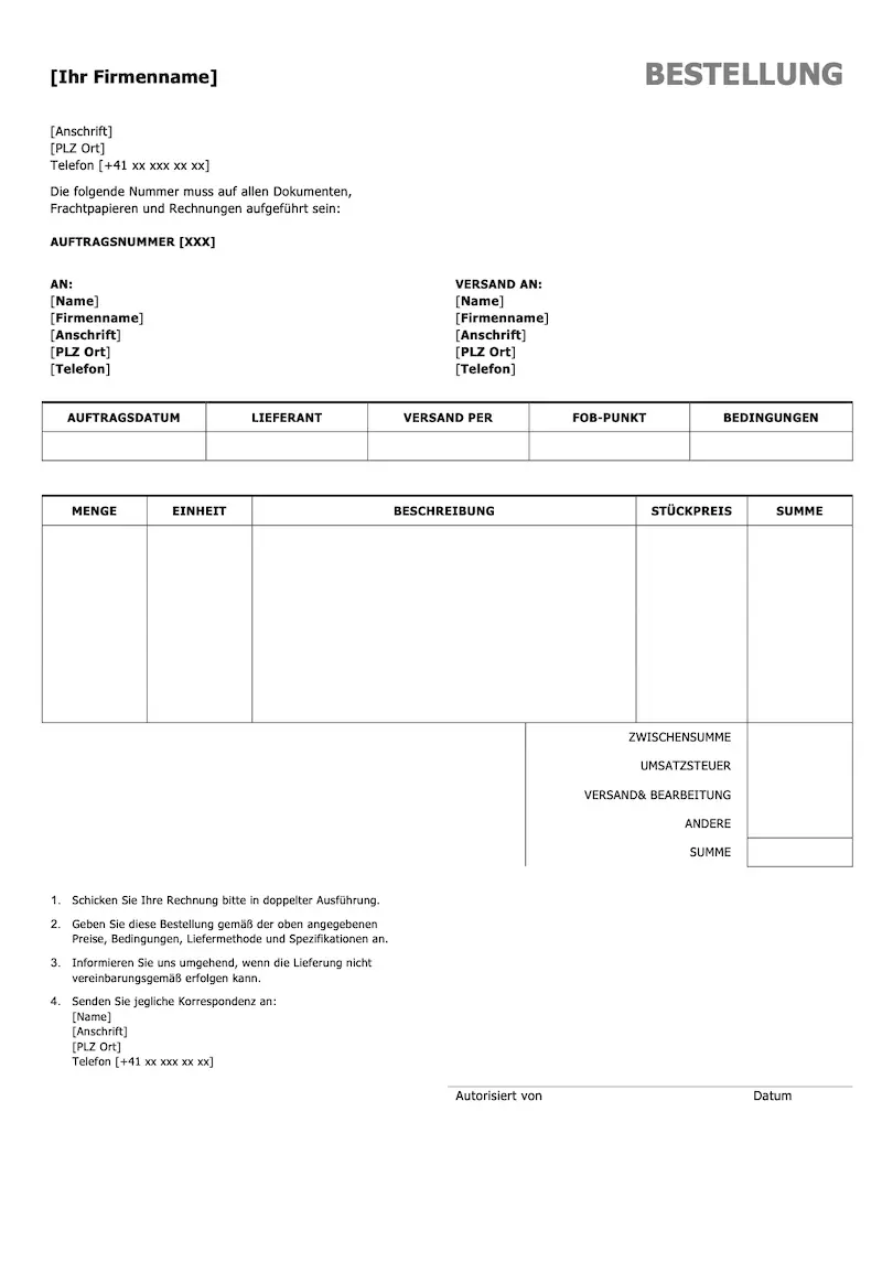 Bestellliste Vorlage für Word