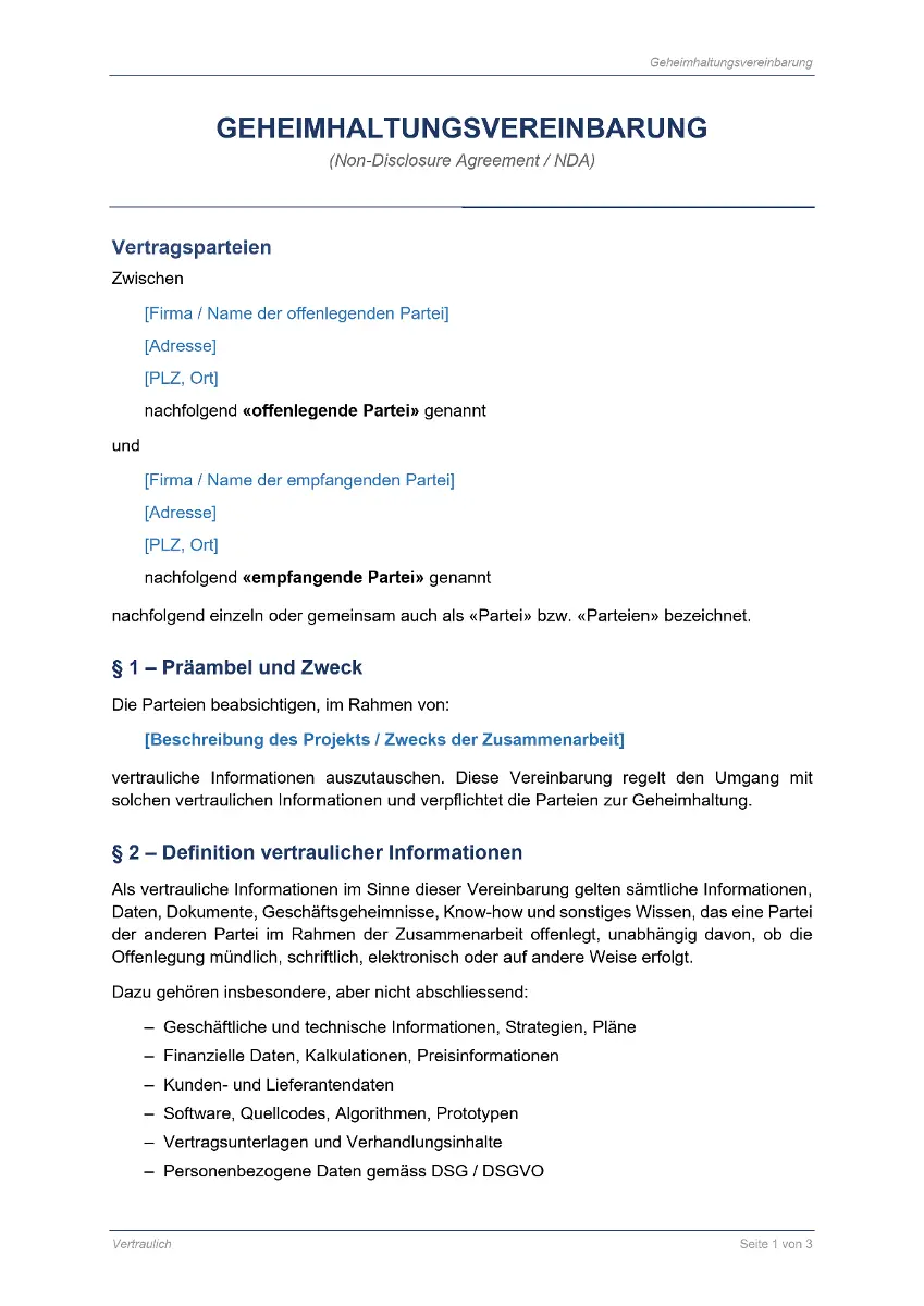 Geheimhaltungsvereinbarung Vorlage