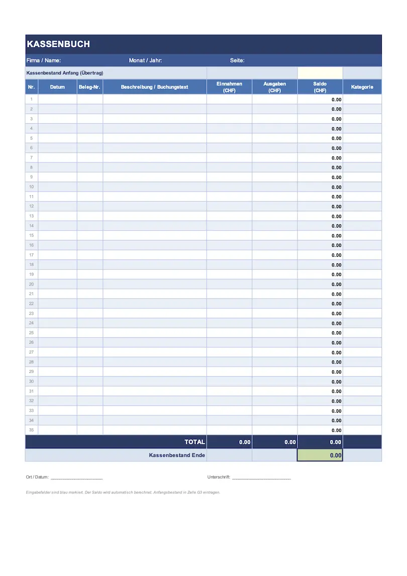 Excel Kassenbuch-Vorlage